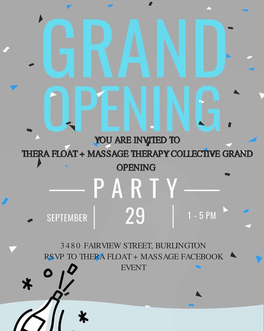 Float Therapy - Grand Opening Invite - Thera Float & Masasage Therapy Burlington Ontairo